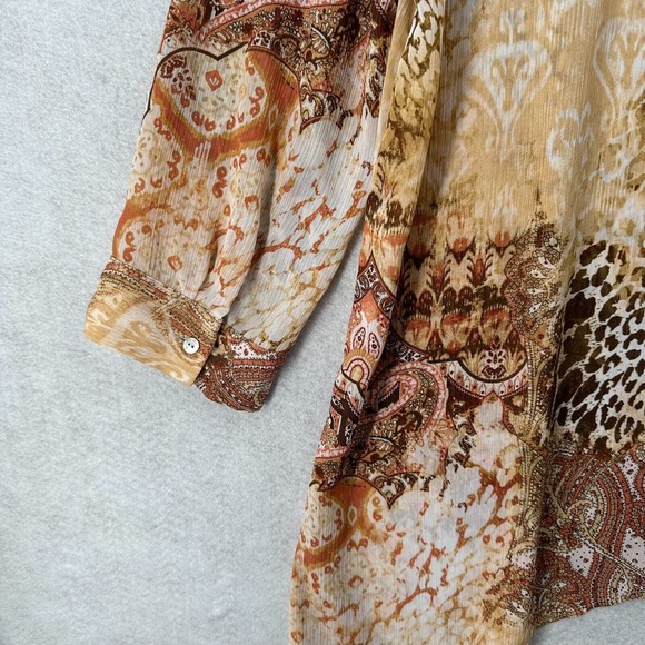 Chicos Tunic Top Women XL Asymmetrical Hem 3/4 Sleeve Leopard Roll‎ Tab Chiffon - Picture 10 of 16